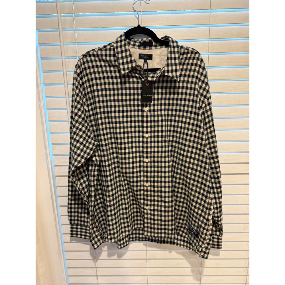 Ted Baker London Mens House Check Flannel Shirt Dark Green Gingham Size 7 NEW